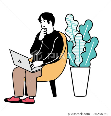 Illustration of a simple man doing a computer with a relaxed gesture 86238950