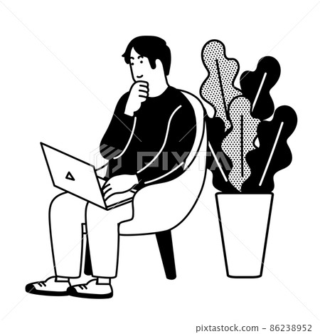 Illustration of a simple man doing a computer with a relaxed gesture 86238952