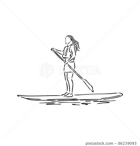 Stand up paddle surfing, boarding. Single female surfer with paddle. Surfrider girl on board. Paddleboarding, SUP fitness. fitness illustration. Abstract isolated contour of surfboarder. Stand up paddle surfing, boarding. Single female surfer with paddle. Surfrider girl on board. Paddleboarding, SUP fitness. fitness illustration. Abstract isolated contour of surfboarder. 86239093