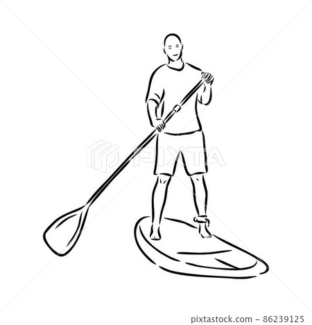 Stand up paddle surfing, boarding. Single female surfer with paddle. Surfrider girl on board. Paddleboarding, SUP fitness. fitness illustration. Abstract isolated contour of surfboarder. 86239125
