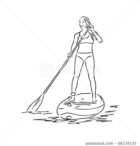 Stand up paddle surfing, boarding. Single female surfer with paddle. Surfrider girl on board. Paddleboarding, SUP fitness. fitness illustration. Abstract isolated contour of surfboarder. 86239135