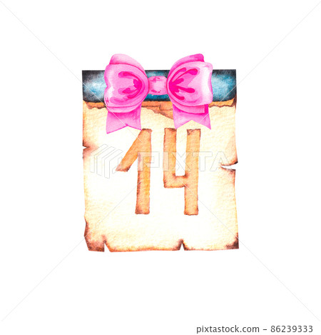 Watercolor calendar on February 14 with a pink bow on a white background Watercolor calendar on February 14 with a pink bow on a white background 86239333