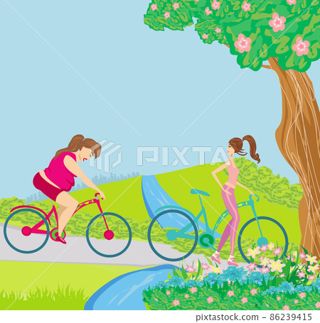 overweight woman and her slim friend riding on bicycles overweight woman and her slim friend riding on bicycles 86239415