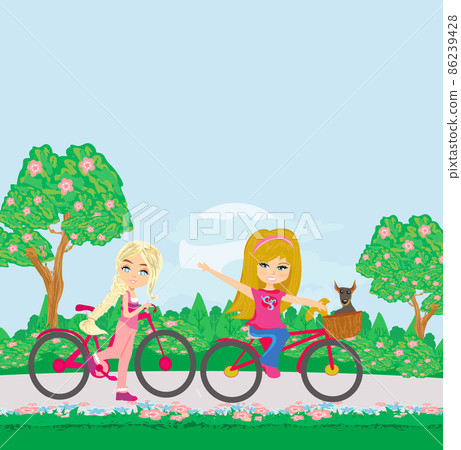 children biking in the park on a spring day 86239428