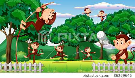 Forest scene with funny monkeys cartoon Forest scene with funny monkeys cartoon 86239646