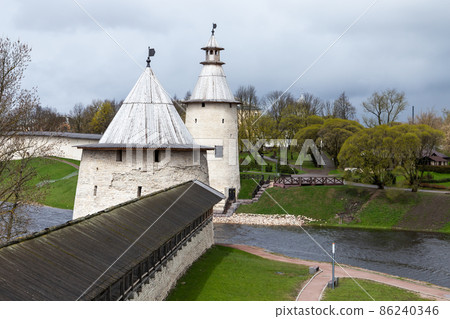 Kremlin of Pskov, Russia. White stone towers 86240346