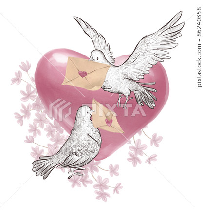 Watercolor holiday illustration with two pigeons holding love letters, big heart and lilac bush backdrop isolated. For Valentine day card, invitation, print, sublimation design. Watercolor holiday illustration with two pigeons holding love letters, big heart and lilac bush backdrop isolated. For Valentine day card, invitation, print, sublimation design. 86240358