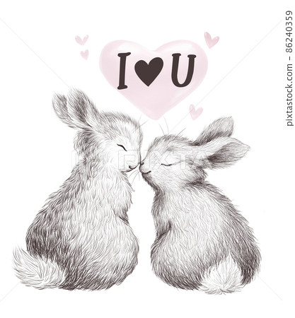 Watercolor holiday illustration with two cute little bunny kissing isolated. Hand written, lettering greeting i love you. For Valentine day card, invitation, print, sublimation design. Watercolor holiday illustration with two cute little bunny kissing isolated. Hand written, lettering greeting i love you. For Valentine day card, invitation, print, sublimation design. 86240359