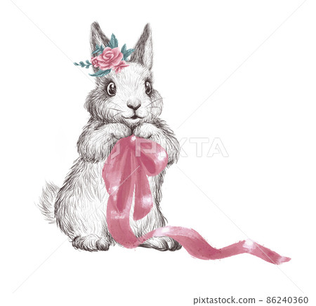 Cute bunny animal character in floral wreath with pink ribbon isolated. Watercolor hand drawn sketch illustration. For prints, baby cards, sublimation, nursery designs. 86240360