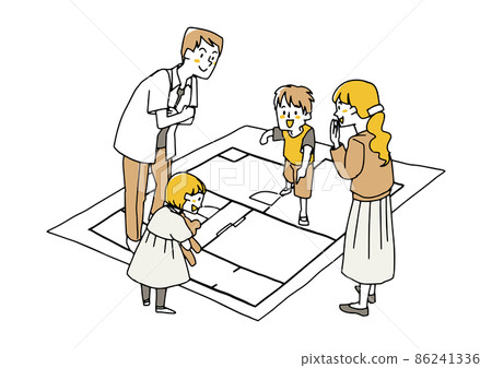 A family who enjoys discussing the ideal floor plan, a comical handwritten person, a vector, and simple coloring of line drawings. 86241336