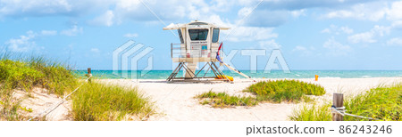 Panorama with lifeguard tower on the beach in Fort Lauderdale, Florida USA 86243246