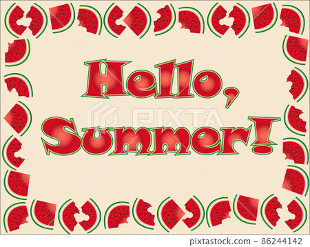 Hello summer greeting card, poster, print. typographical background with watermelon slice abstract paint texture Hello summer greeting card, poster, print. typographical background with watermelon slice abstract paint texture 86244142