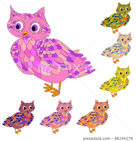 Hipster owls in doodle style. Hand drawn set of cute birds. 86244179