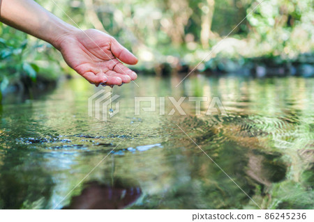 hand touches  water in the pond 86245236
