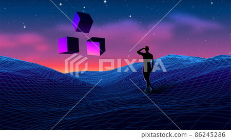 Sci-fi scene with traveller watching the sacred monument of cubes. Vaporwave aesthetics or 80s style fantasy background with abstract esotheric mood 86245286