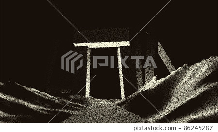 Ancient ruins in sci-fi scene with dotwork retro style. Mysterious gate debris with dramatic lights and retro texture 86245287