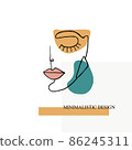 Contemporary abstract linear face drawing in pastel colors. Beauty fashion emblem or logo. Simple design. Creative composition. Aesthetic minimalism woman face. Hairstyle, fashion logo. 86245311