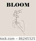 Continuous line, drawing of woman face, fashion concept, woman beauty minimalist with Abstract floral elements pastel colors. One line continuous drawing. Bloom poster vector illustration 86245325