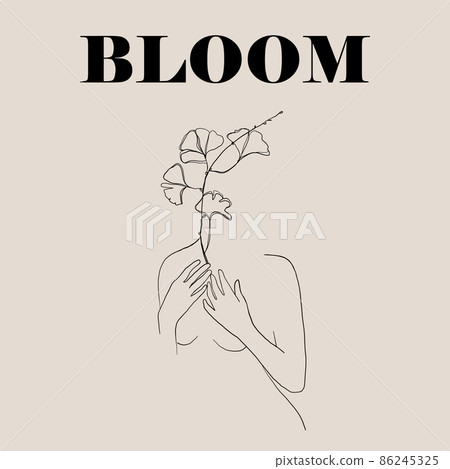 Continuous line, drawing of woman face, fashion concept, woman beauty minimalist with Abstract floral elements pastel colors. One line continuous drawing. Bloom poster vector illustration Continuous line, drawing of woman face, fashion concept, woman beauty minimalist with Abstract floral elements pastel colors. One line continuous drawing. Bloom poster vector illustration 86245325