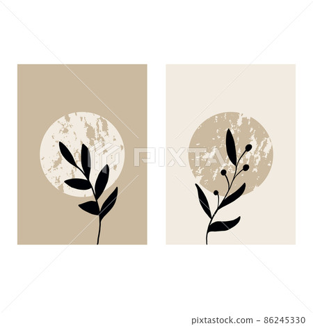 Minimalist poster with botanical branch and leaves abstract set collage Minimalist poster with botanical branch and leaves abstract set collage 86245330