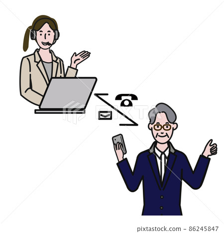 白色背景線條圖的矢量圖,其中女性操作員和高級男子通過智能手機發送電子郵件或電話 白色背景線條圖的矢量圖,其中女性操作員和高級男子通過智能手機發送電子郵件或電話 86245847