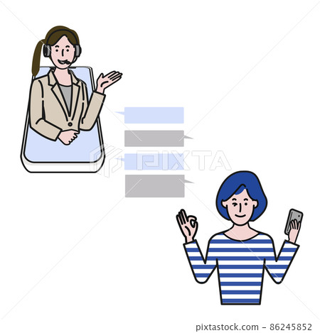 白色背景線條圖的矢量圖解,其中女性操作員通過智能手機和休閒女性聊天 白色背景線條圖的矢量圖解,其中女性操作員通過智能手機和休閒女性聊天 86245852