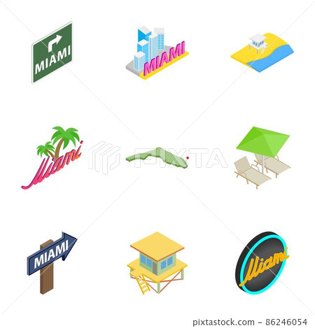 Welcome to Miami icons set, isometric 3d style Welcome to Miami icons set, isometric 3d style 86246054