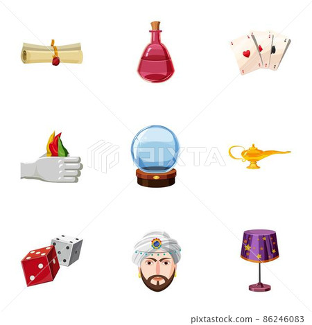 Magician icons set, cartoon style Magician icons set, cartoon style 86246083