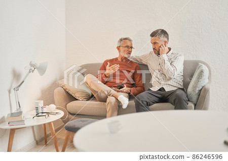 Retirement man with his adult son relaxing on sofa at their cozy apartments Retirement man with his adult son relaxing on sofa at their cozy apartments 86246596