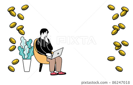 Illustration of a man and a coin playing a computer with a relaxed gesture Illustration of a man and a coin playing a computer with a relaxed gesture 86247018