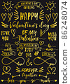 Valentine's day card, gold design elements, vector set on black background 86248074