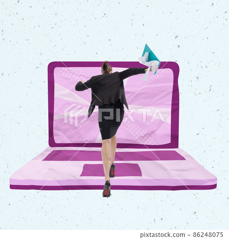 Contemporary art collage. Businesswoman running into laptop screen Contemporary art collage. Businesswoman running into laptop screen 86248075