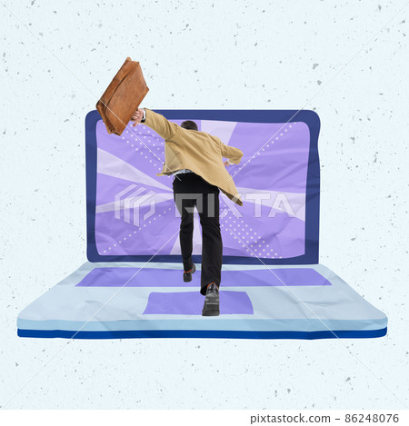 Contemporary art collage. Businessman running into laptop screen Contemporary art collage. Businessman running into laptop screen 86248076