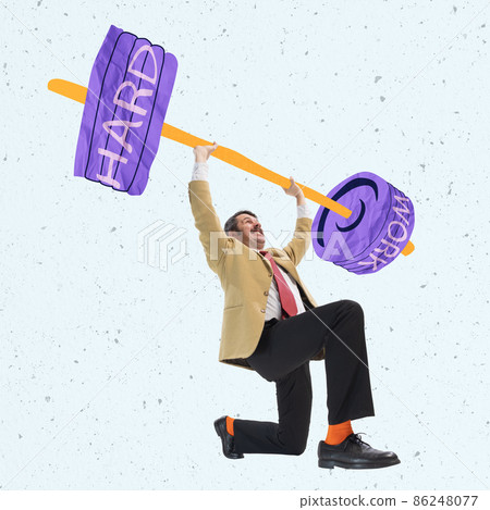 Creative design. Contemporary art collage. Businessman, motivated employee pushing upwards heavy barbell symbolizing hardworking Creative design. Contemporary art collage. Businessman, motivated employee pushing upwards heavy barbell symbolizing hardworking 86248077