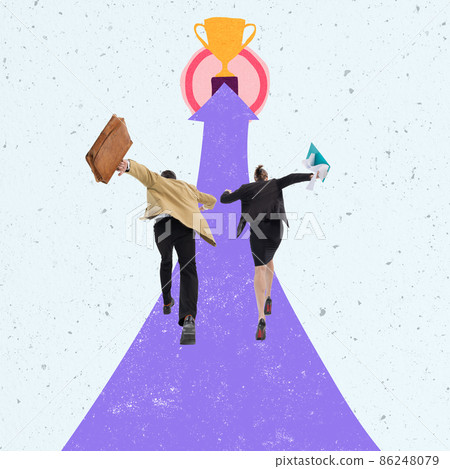 Contemporary art collage. Man and woman, motivated employees running on arrow showing direction to trophy Contemporary art collage. Man and woman, motivated employees running on arrow showing direction to trophy 86248079