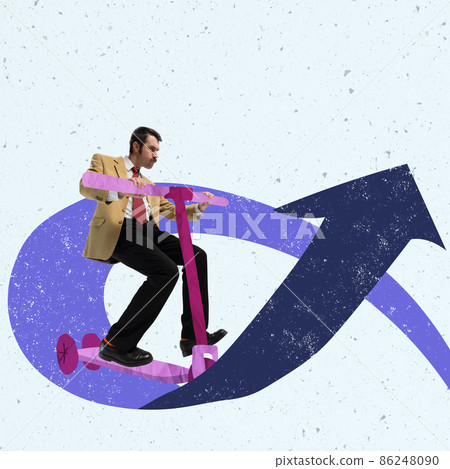 Contemporary art collage. Businessman, office manager riding on kick scooter on rising arrow symbolizing success Contemporary art collage. Businessman, office manager riding on kick scooter on rising arrow symbolizing success 86248090