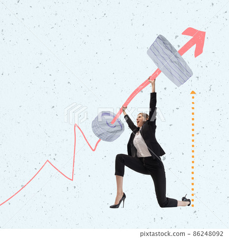Creative design. Contemporary art collage. Businesswoman, motivated employee pushing upwards heavy barbell symbolizing business chart Creative design. Contemporary art collage. Businesswoman, motivated employee pushing upwards heavy barbell symbolizing business chart 86248092