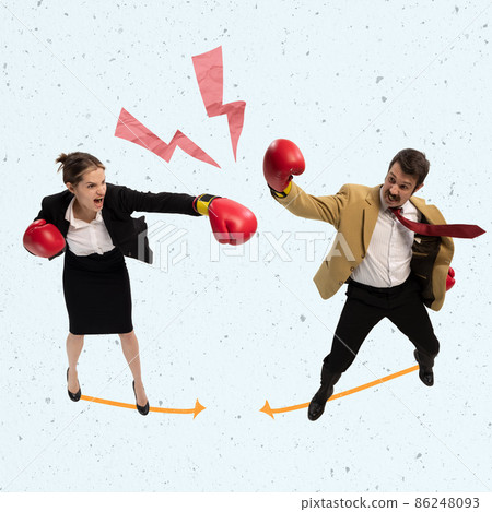 Contemporary art collage. Man and woman, office workers, employees fighting in box gloves symbolizing business competition Contemporary art collage. Man and woman, office workers, employees fighting in box gloves symbolizing business competition 86248093