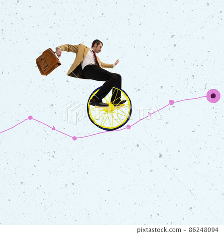 Creative design. Contemporary art collage of businessman balancing on unicycle trying to drive through business chart Creative design. Contemporary art collage of businessman balancing on unicycle trying to drive through business chart 86248094