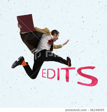 Contemporary art collage. Businessman running, jumping over edit word symbolizing important amendments in the project Contemporary art collage. Businessman running, jumping over edit word symbolizing important amendments in the project 86248095