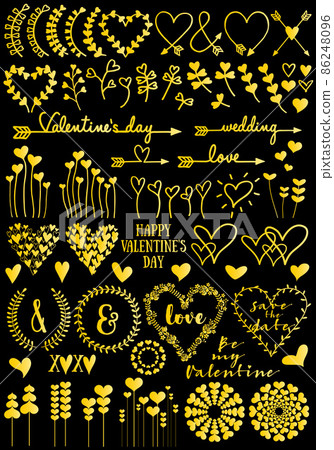 Gold floral heart designs for Valentines day, wedding, golden vector set on black background Gold floral heart designs for Valentines day, wedding, golden vector set on black background 86248096