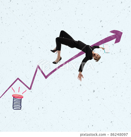 Contemporary art collage. Office worker, corporate executive falling down from graph arrow Contemporary art collage. Office worker, corporate executive falling down from graph arrow 86248097
