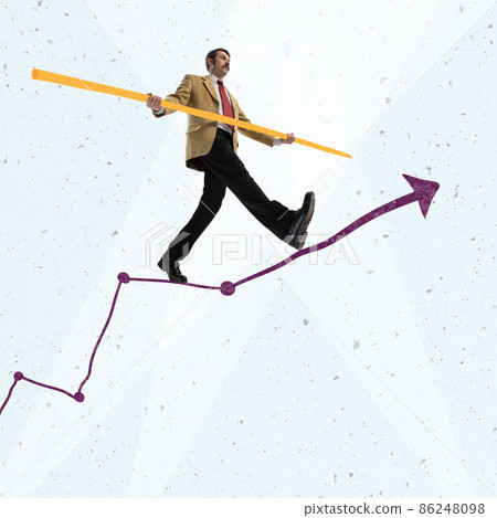 Creative design. Contemporary art collage. Businessman, manager, team leader balancing on arrow graph Creative design. Contemporary art collage. Businessman, manager, team leader balancing on arrow graph 86248098