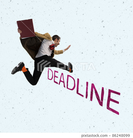 Contemporary art collage. Businessman, motivated office worker jumping over word deadline symbolizing overcoming difficulties Contemporary art collage. Businessman, motivated office worker jumping over word deadline symbolizing overcoming difficulties 86248099