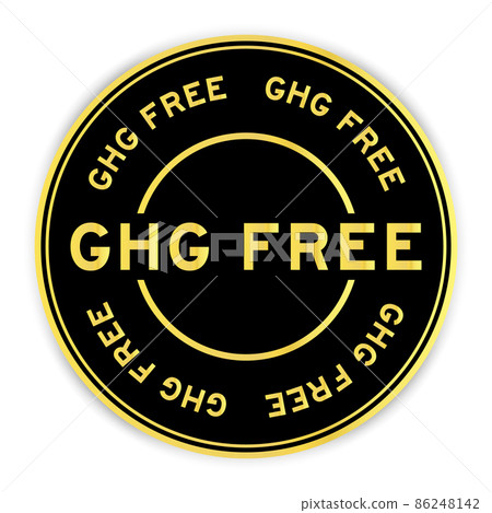 Black and gold color round label sticker with word GHG (Abbreviation of greenhouse gas) free on white background 86248142