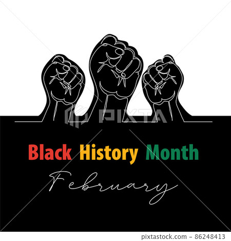 Black History Month vector banner, poster, card with fists. One continuous line art drawing illustration with hands, arms Black History Month vector banner, poster, card with fists. One continuous line art drawing illustration with hands, arms 86248413