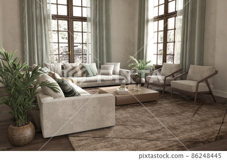 Modern interior japandi design living room. Lighting and sunny apartment with large windows and view nature. Hampton style 3d render illustration. 86248445