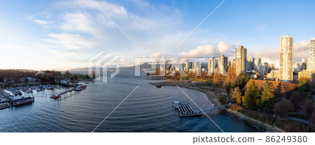 Aerial View of Modern City with a beach on the West Coast Pacific Ocean 86249380