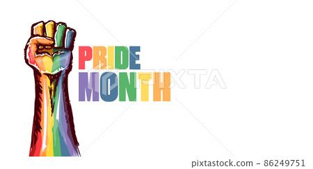 Happy pride month horizontal banner with Rised LGBT fist colored in lgbt flag isolated on white background. LGBT Pride month or pride day poster design template. Fight for your LGBT rights concept 86249751