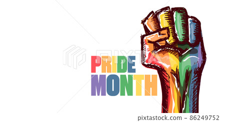 Happy pride month horizontal banner with Rised LGBT fist colored in lgbt flag isolated on white background. LGBT Pride month or pride day poster design template. Fight for your LGBT rights concept 86249752